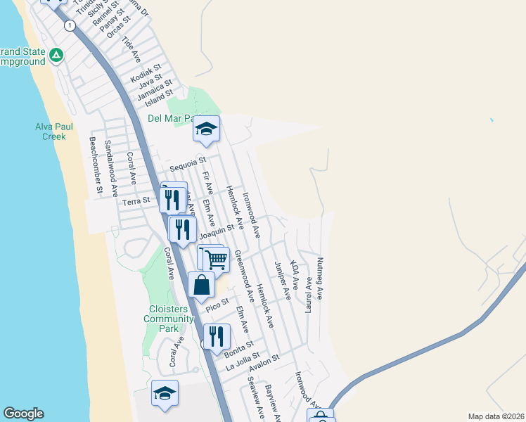 map of restaurants, bars, coffee shops, grocery stores, and more near 2840 Ironwood Avenue in Morro Bay