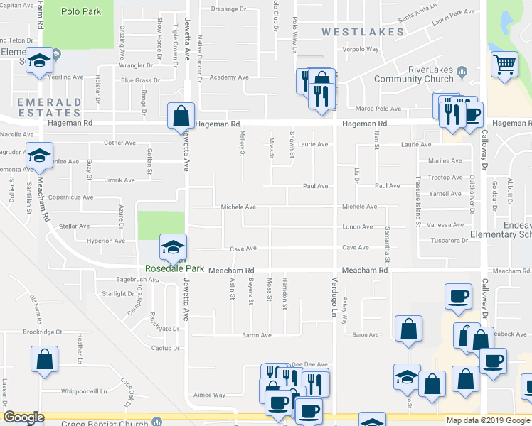 map of restaurants, bars, coffee shops, grocery stores, and more near 10901 Michele Avenue in Bakersfield