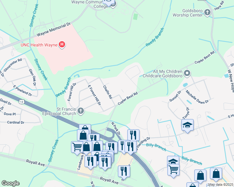 map of restaurants, bars, coffee shops, grocery stores, and more near 120 Chafin Place in Goldsboro