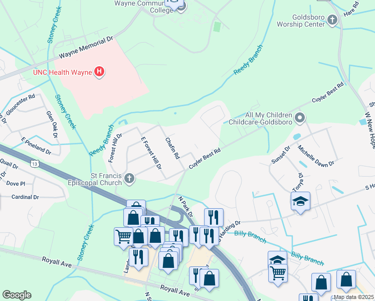 map of restaurants, bars, coffee shops, grocery stores, and more near 120 Chafin Place in Goldsboro