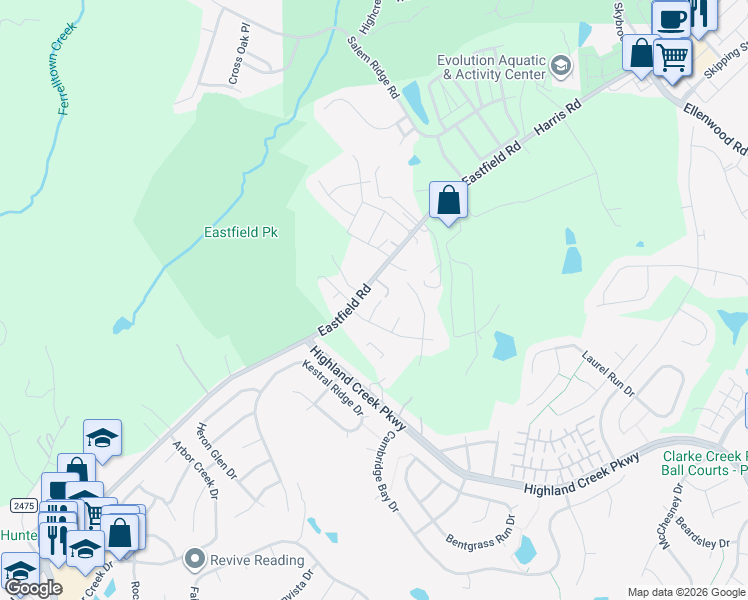 map of restaurants, bars, coffee shops, grocery stores, and more near 14118 Eastfield Road in Huntersville