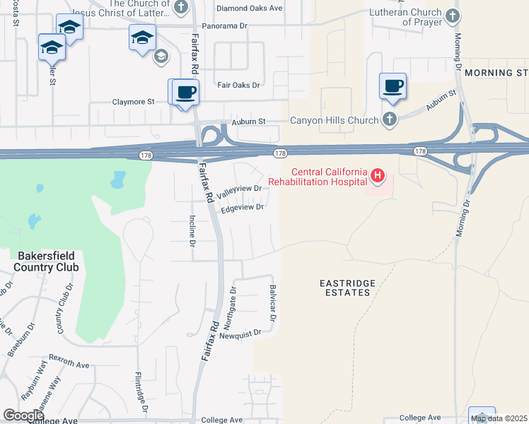 map of restaurants, bars, coffee shops, grocery stores, and more near 6906 Edgeview Drive in Bakersfield