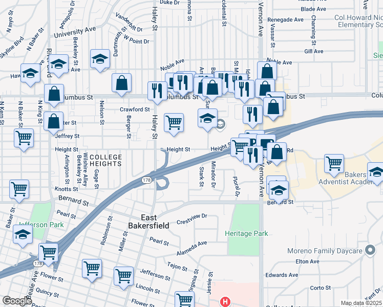 map of restaurants, bars, coffee shops, grocery stores, and more near 1616-1698 Height Street in Bakersfield
