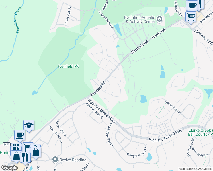 map of restaurants, bars, coffee shops, grocery stores, and more near 14118 Eastfield Road in Huntersville