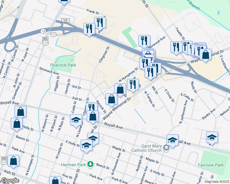 map of restaurants, bars, coffee shops, grocery stores, and more near East 5th Street in Goldsboro