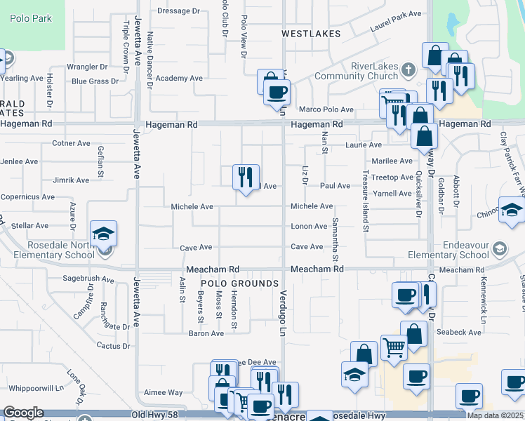 map of restaurants, bars, coffee shops, grocery stores, and more near 10601 Michele Avenue in Bakersfield