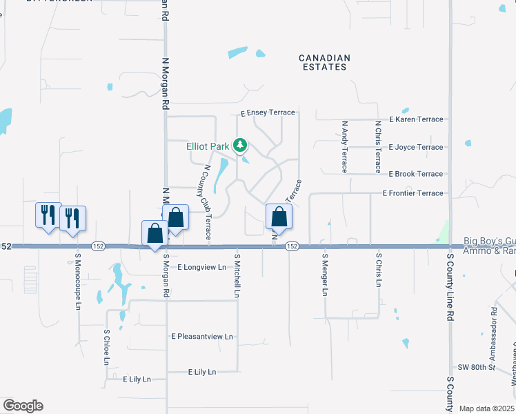 map of restaurants, bars, coffee shops, grocery stores, and more near 305 North Lakeside Terrace in Mustang