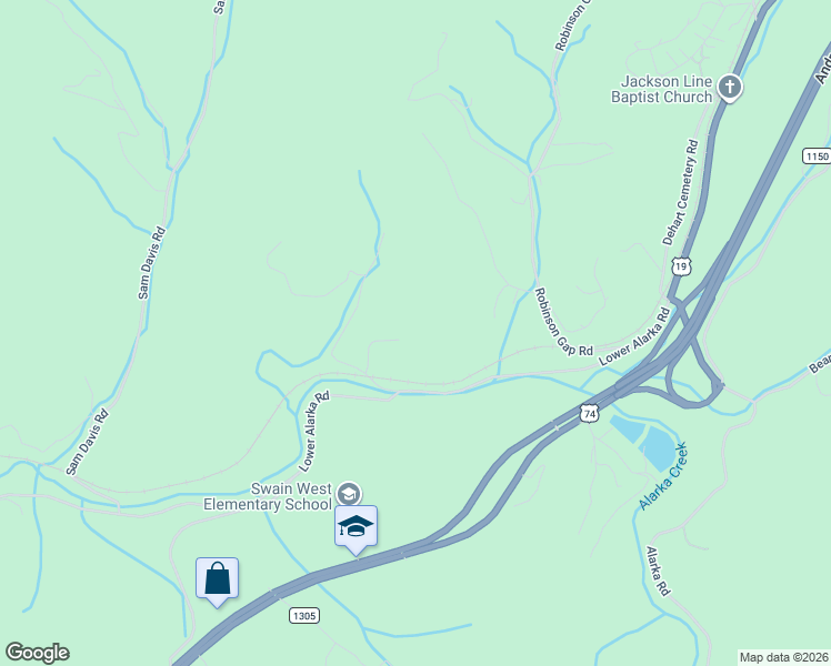 map of restaurants, bars, coffee shops, grocery stores, and more near 156 Old Mill Drive in Bryson City