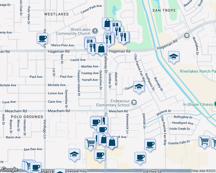 map of restaurants, bars, coffee shops, grocery stores, and more near 3705 Goldbar Drive in Bakersfield