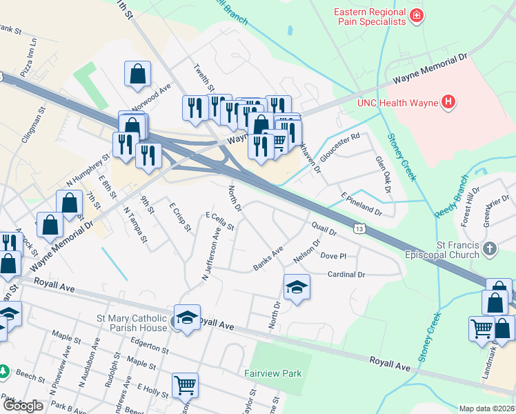map of restaurants, bars, coffee shops, grocery stores, and more near 111-113 Quail Drive in Goldsboro