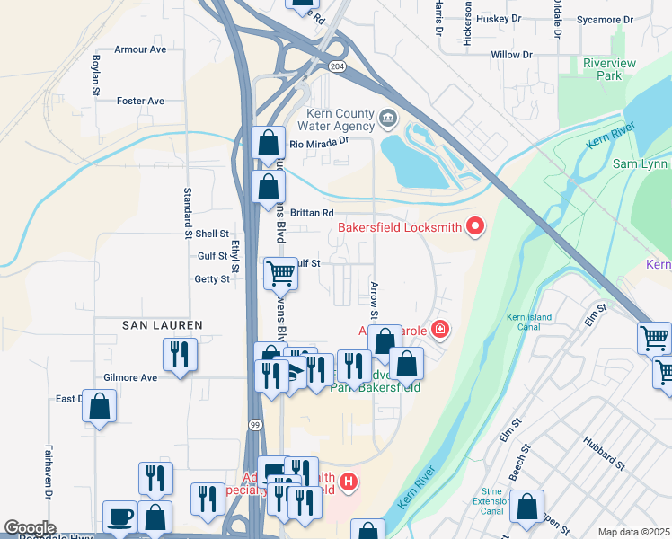 map of restaurants, bars, coffee shops, grocery stores, and more near 3219 Gulf Street in Bakersfield