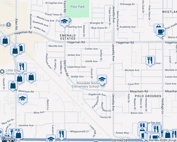 map of restaurants, bars, coffee shops, grocery stores, and more near 11721 Copernicus Avenue in Bakersfield