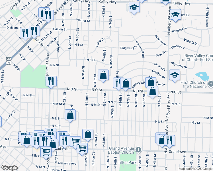 map of restaurants, bars, coffee shops, grocery stores, and more near 3407 O North Street in Fort Smith