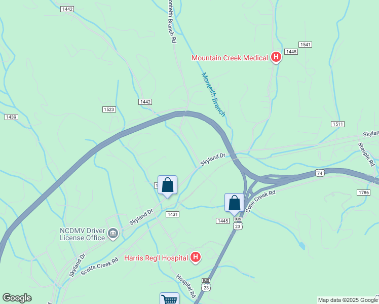 map of restaurants, bars, coffee shops, grocery stores, and more near 111 Monteith Branch Road in Sylva