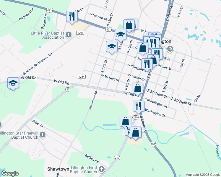 map of restaurants, bars, coffee shops, grocery stores, and more near 308 West Old Road in Lillington