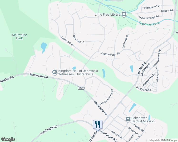map of restaurants, bars, coffee shops, grocery stores, and more near 12400 Locust Grove Lane in Huntersville