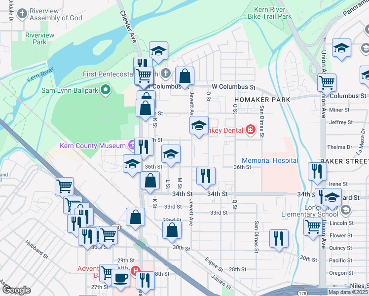 map of restaurants, bars, coffee shops, grocery stores, and more near 3706 M Street in Bakersfield