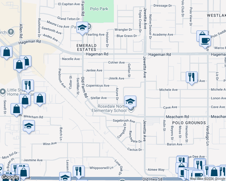 map of restaurants, bars, coffee shops, grocery stores, and more near 11721 Copernicus Avenue in Bakersfield