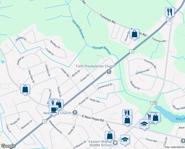 map of restaurants, bars, coffee shops, grocery stores, and more near 105 Oakhill Drive in Goldsboro