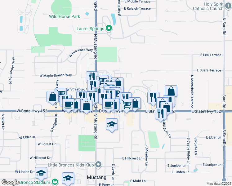 map of restaurants, bars, coffee shops, grocery stores, and more near 118 East Trade Center Terrace in Mustang