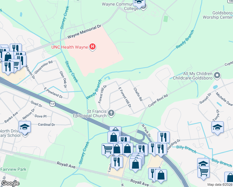 map of restaurants, bars, coffee shops, grocery stores, and more near 604 Greenbrier Drive in Goldsboro