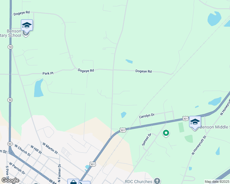 map of restaurants, bars, coffee shops, grocery stores, and more near 1784 North Carolina 242 in Benson