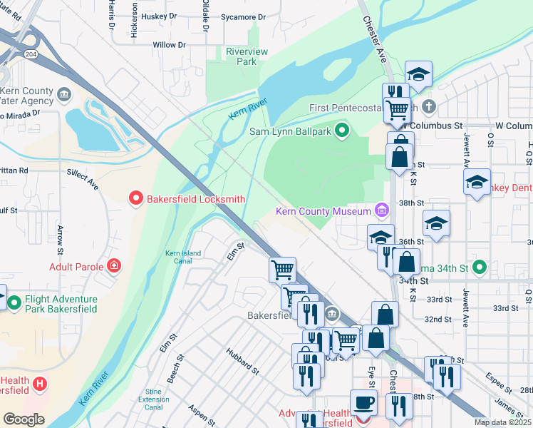 map of restaurants, bars, coffee shops, grocery stores, and more near 1920 Golden State Ave in Bakersfield