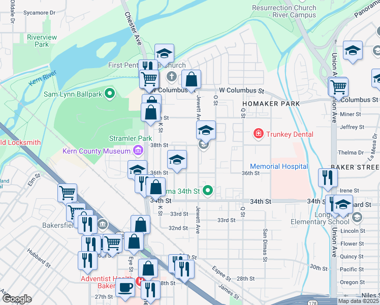 map of restaurants, bars, coffee shops, grocery stores, and more near 3717 Jewett Avenue in Bakersfield