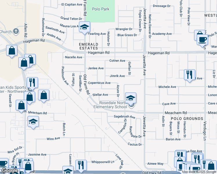 map of restaurants, bars, coffee shops, grocery stores, and more near 11721 Copernicus Avenue in Bakersfield