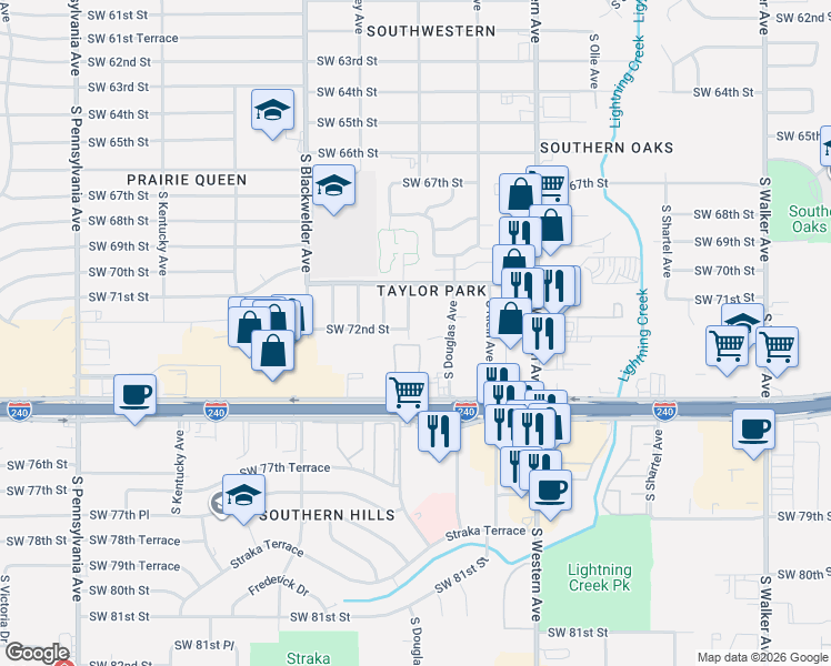 map of restaurants, bars, coffee shops, grocery stores, and more near 7212 South Douglas Place in Oklahoma City