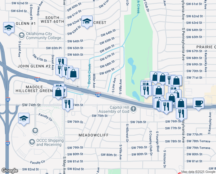 map of restaurants, bars, coffee shops, grocery stores, and more near 7113 South Linn Avenue in Oklahoma City