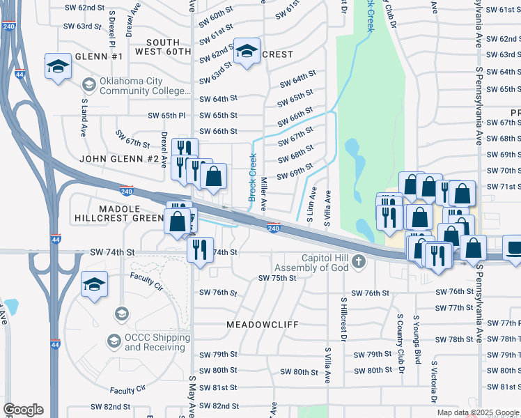 map of restaurants, bars, coffee shops, grocery stores, and more near 7009 Miller Avenue in Oklahoma City