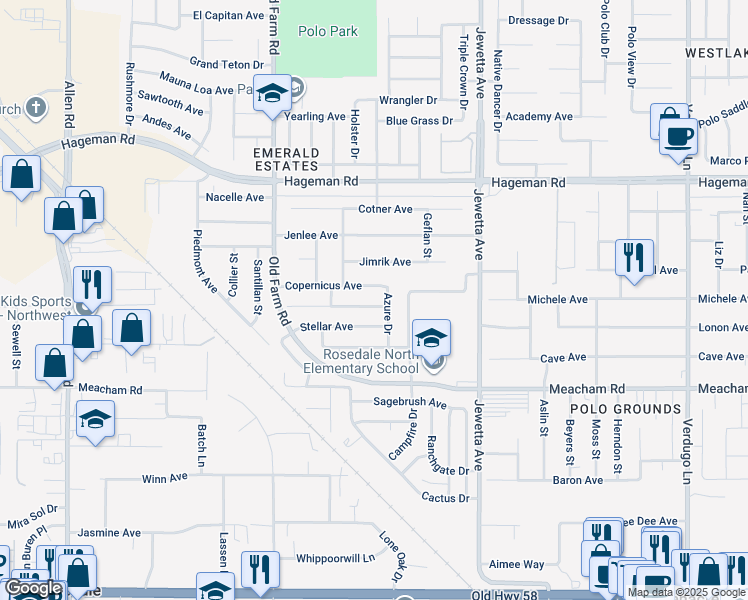 map of restaurants, bars, coffee shops, grocery stores, and more near 11710 Stratosphere Avenue in Bakersfield