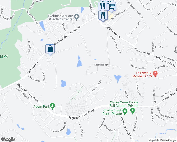 map of restaurants, bars, coffee shops, grocery stores, and more near 14118 Northridge Drive in Charlotte