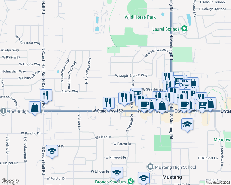 map of restaurants, bars, coffee shops, grocery stores, and more near 426 West Strasburg Way in Mustang