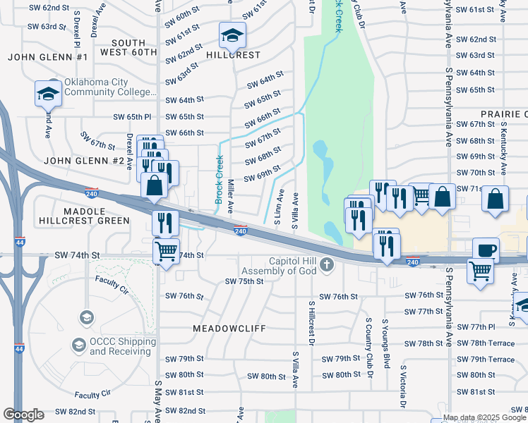 map of restaurants, bars, coffee shops, grocery stores, and more near 7113 South Linn Avenue in Oklahoma City