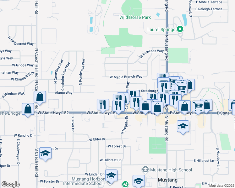 map of restaurants, bars, coffee shops, grocery stores, and more near 332 West Strasburg Way in Mustang