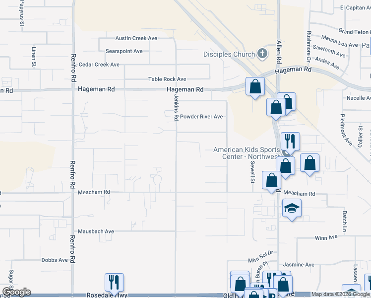 map of restaurants, bars, coffee shops, grocery stores, and more near Joseph Phelps Avenue in Bakersfield