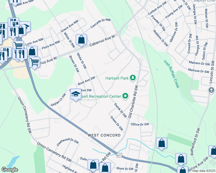 map of restaurants, bars, coffee shops, grocery stores, and more near 98 Sunderland Road Southwest in Concord