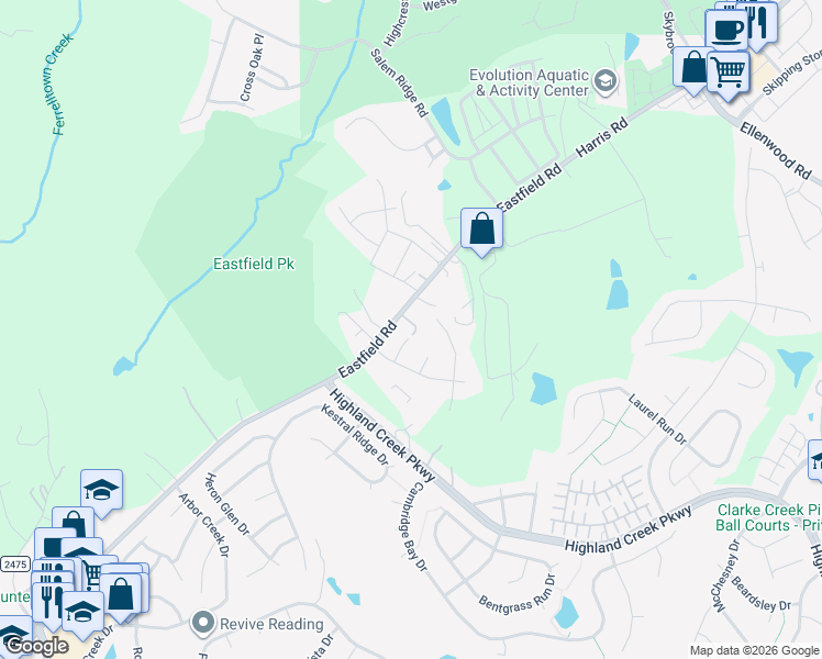 map of restaurants, bars, coffee shops, grocery stores, and more near 14118 Eastfield Road in Huntersville