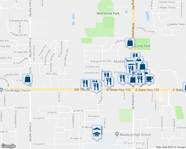 map of restaurants, bars, coffee shops, grocery stores, and more near 406 West Strasburg Way in Mustang