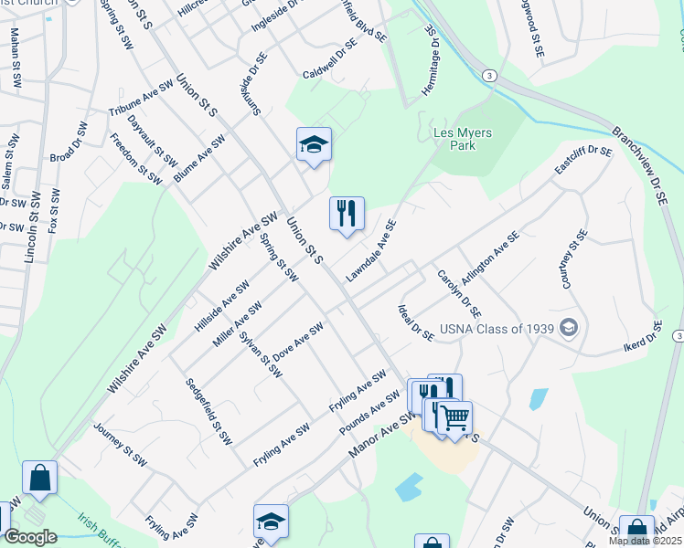 map of restaurants, bars, coffee shops, grocery stores, and more near 621 Union Street South in Concord