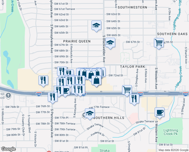 map of restaurants, bars, coffee shops, grocery stores, and more near 1320 Southwest 72nd Street in Oklahoma City