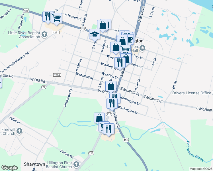 map of restaurants, bars, coffee shops, grocery stores, and more near 1300 South 8th Street in Lillington