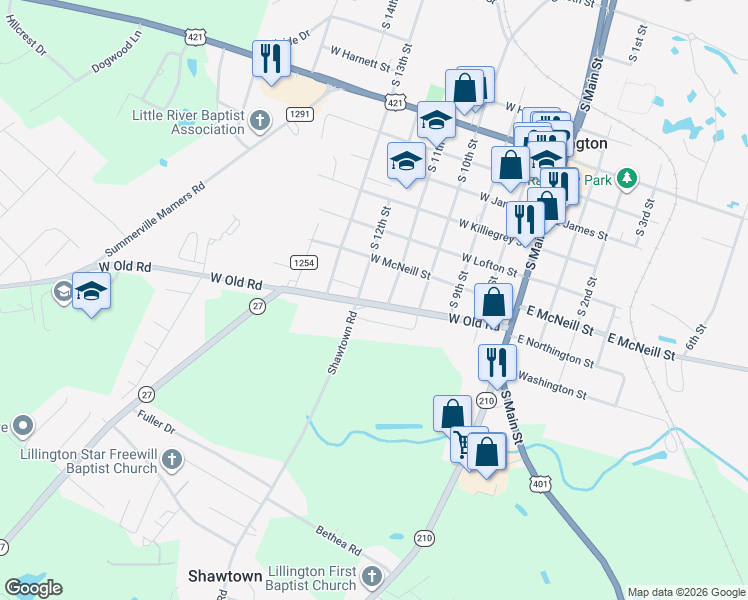 map of restaurants, bars, coffee shops, grocery stores, and more near 1315 South 12th Street in Lillington