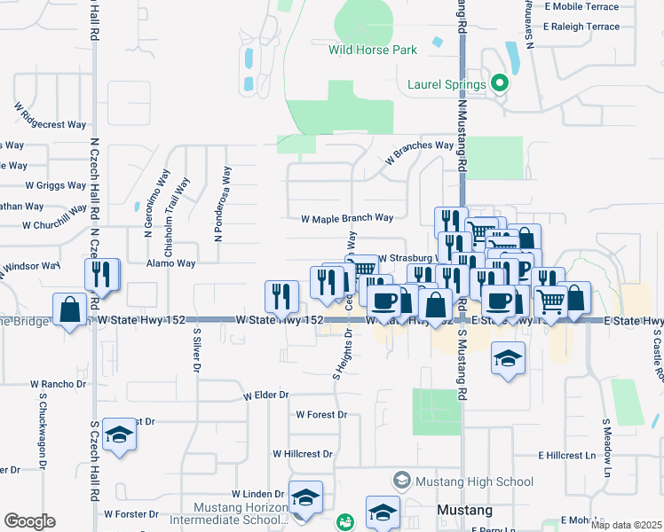 map of restaurants, bars, coffee shops, grocery stores, and more near 332 West Strasburg Way in Mustang