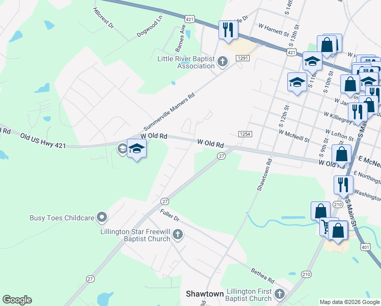 map of restaurants, bars, coffee shops, grocery stores, and more near 57 Emilies Crossing Way in Lillington