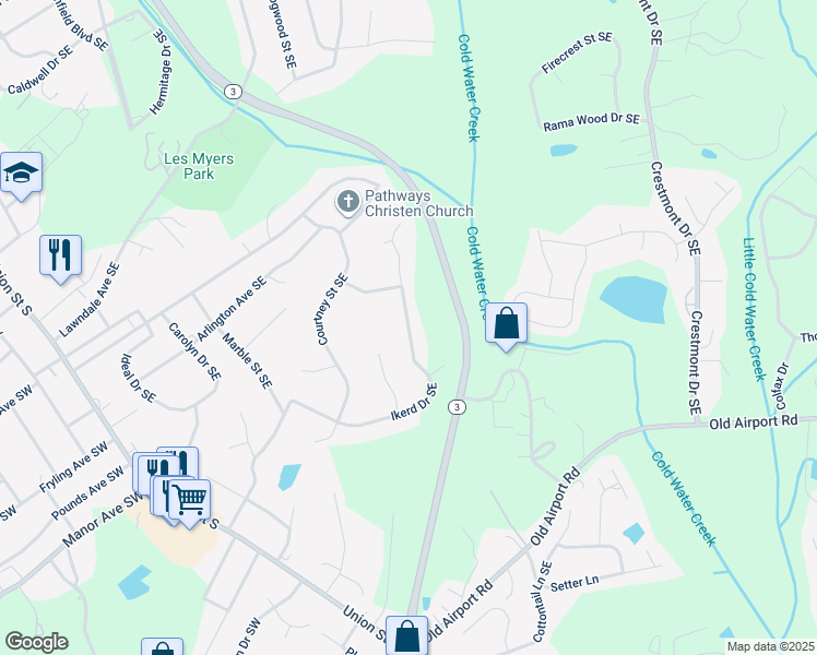 map of restaurants, bars, coffee shops, grocery stores, and more near Ikerd Drive Southeast in Concord