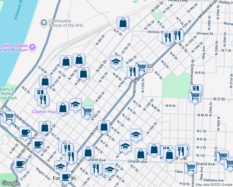 map of restaurants, bars, coffee shops, grocery stores, and more near 900-998 L St N in Fort Smith