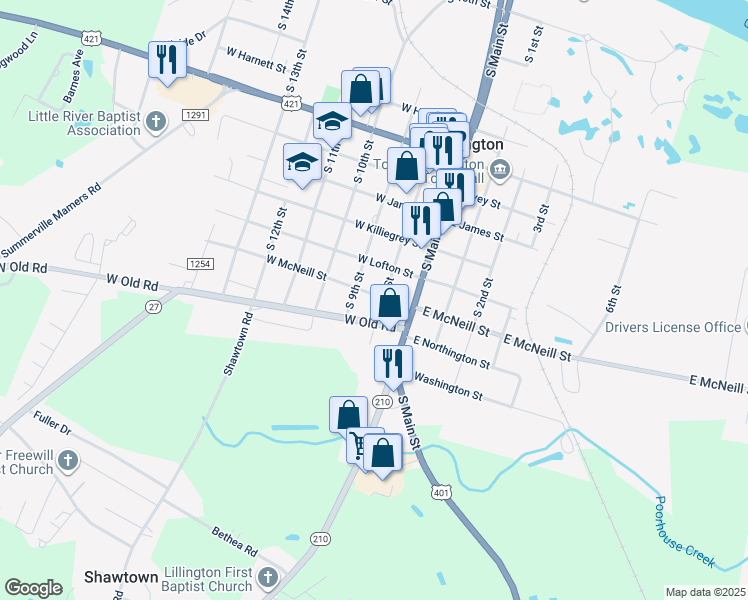 map of restaurants, bars, coffee shops, grocery stores, and more near 1300 South 8th Street in Lillington